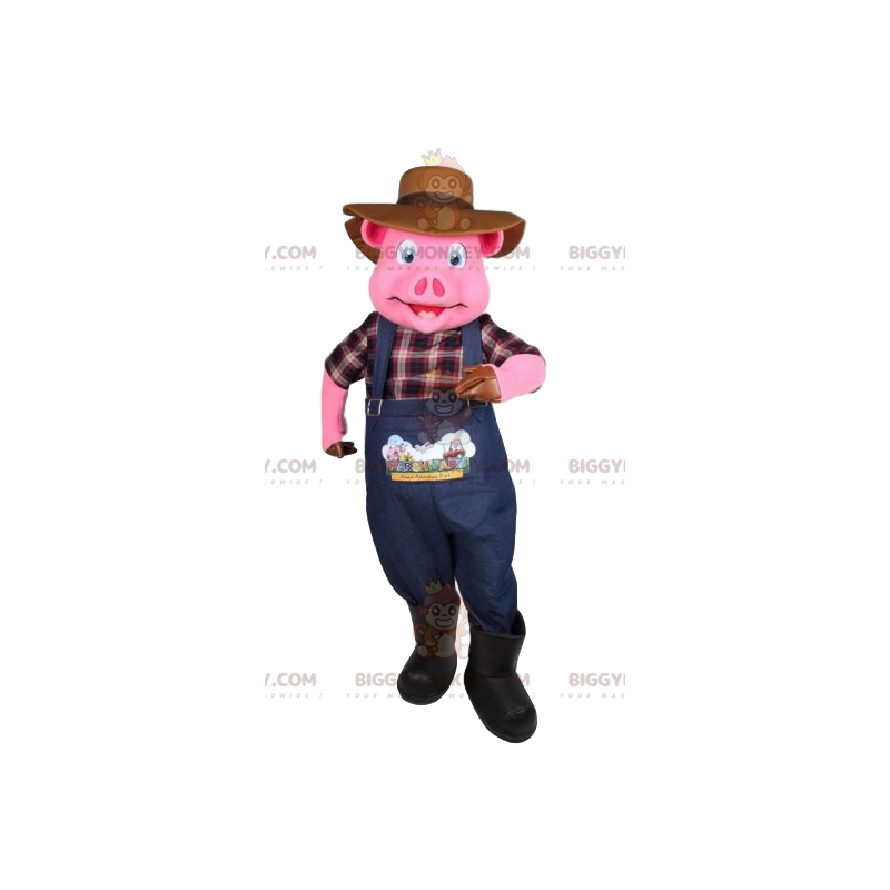 Traje de mascote BIGGYMONKEY™ de porco com roupa de fazendeiro.