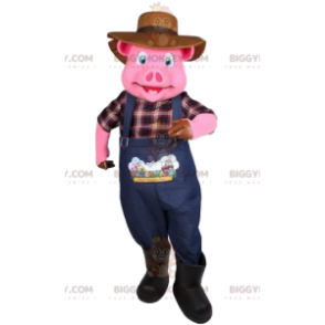 BIGGYMONKEY™ mascot costume of pig in farmer outfit. pig