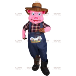 Traje de mascote BIGGYMONKEY™ de porco com roupa de fazendeiro.