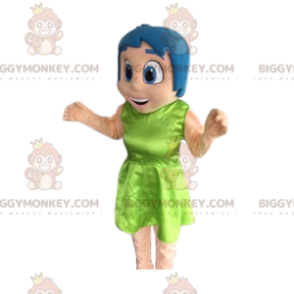 BIGGYMONKEY™ mascot costume of smiling girl with blue hair. -