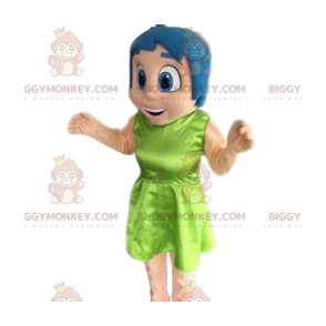 BIGGYMONKEY™ mascot costume of smiling girl with blue hair. -