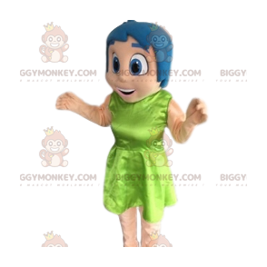 BIGGYMONKEY™ mascot costume of smiling girl with blue hair. –