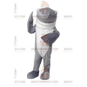 Costume de mascotte BIGGYMONKEY™ de requin gris et blanc.