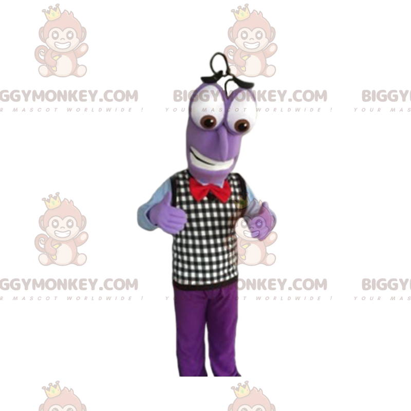 Kostým fialového sněhuláka BIGGYMONKEY™ maskota s kostkovaným