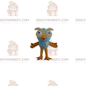 Fato de mascote BIGGYMONKEY™ de corujas azuis e amarelas.