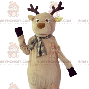 BIGGYMONKEY™ Mascot Costume Beige Deer With Plaid Scarf -