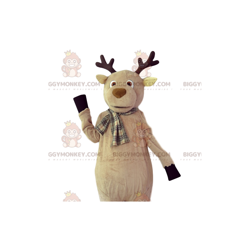 Traje de mascote BIGGYMONKEY™ veado bege com lenço xadrez –