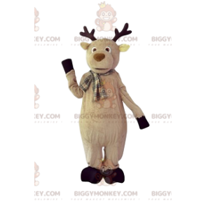 BIGGYMONKEY™ Mascot Costume Beige Deer With Plaid Scarf –