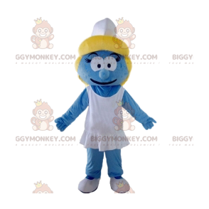 Blue Smurfette BIGGYMONKEY™ maskottiasu valkoisella pipolla -