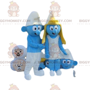 Blue Smurf BIGGYMONKEY™ maskottiasu valkoisella pipolla -