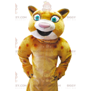 Traje de mascote de leopardo BIGGYMONKEY™ com grande sorriso