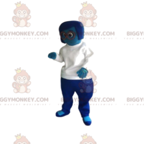 BIGGYMONKEY™ costume mascotte di una donna blu con una maglia