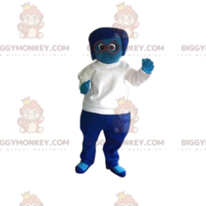 BIGGYMONKEY™ costume mascotte di una donna blu con una maglia