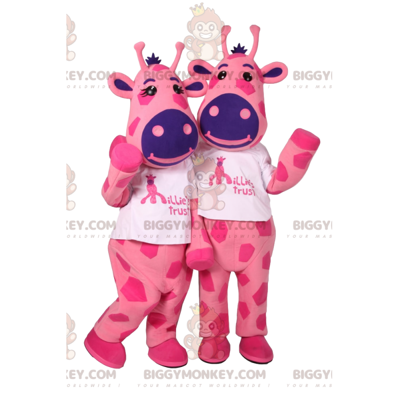 BIGGYMONKEY™ maskot dvou růžových žiraf s fialovými skvrnami –