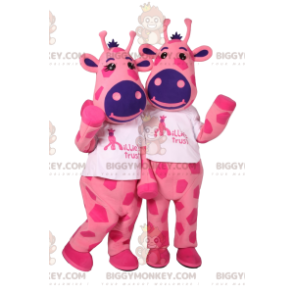BIGGYMONKEY™ maskot dvou růžových žiraf s fialovými skvrnami –