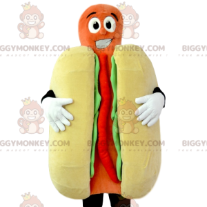 BIGGYMONKEY™ Hotdog-mascottekostuum met ketchup en mosterd.