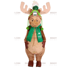 Fato de mascote BIGGYMONKEY™ de rena bege com gorro verde.