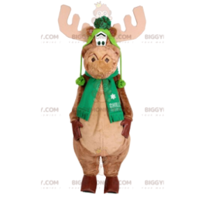 BIGGYMONKEY™ mascot costume of beige reindeer with a green