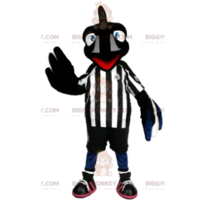 BIGGYMONKEY™ maskotdräkt av svart fågel i fotbollsutrustning.