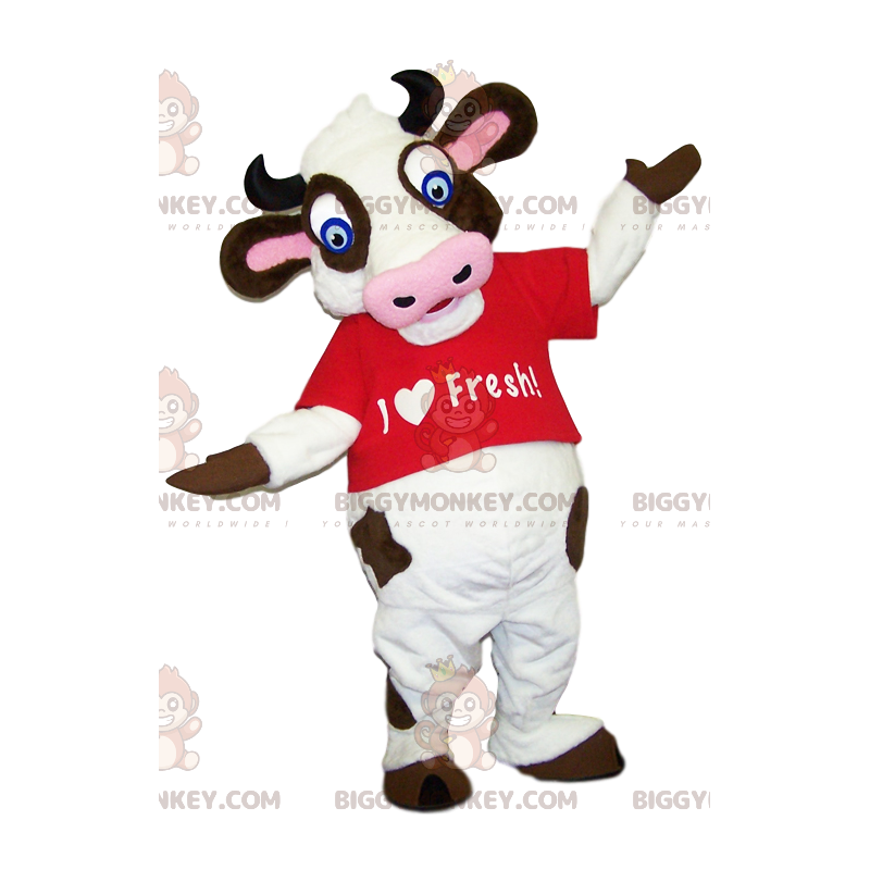 Very funny cow BIGGYMONKEY™ mascot costume with a red t-shirt.