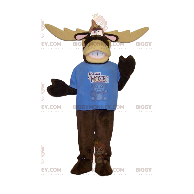 Mycket komisk caribou BIGGYMONKEY™ maskotdräkt med blå t-shirt