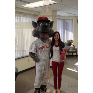 BIGGYMONKEY™ Mascot Costume Gray Cat In Baseball Outfit –