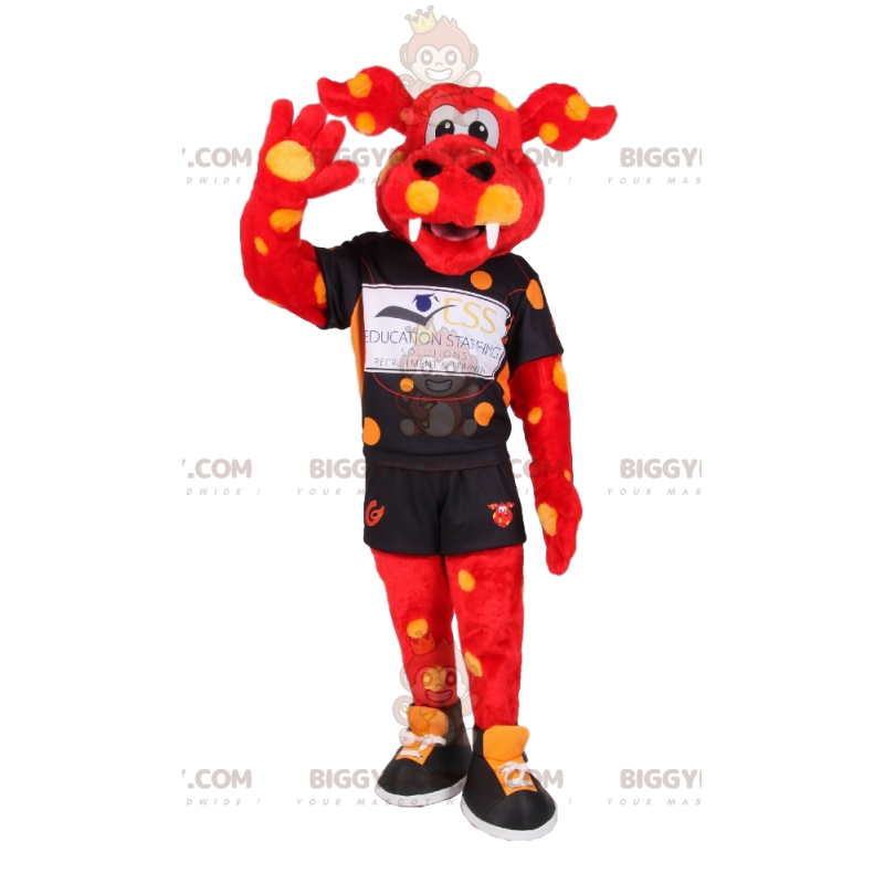 Costume de mascotte BIGGYMONKEY™ de boeuf rouge à pois jaunes