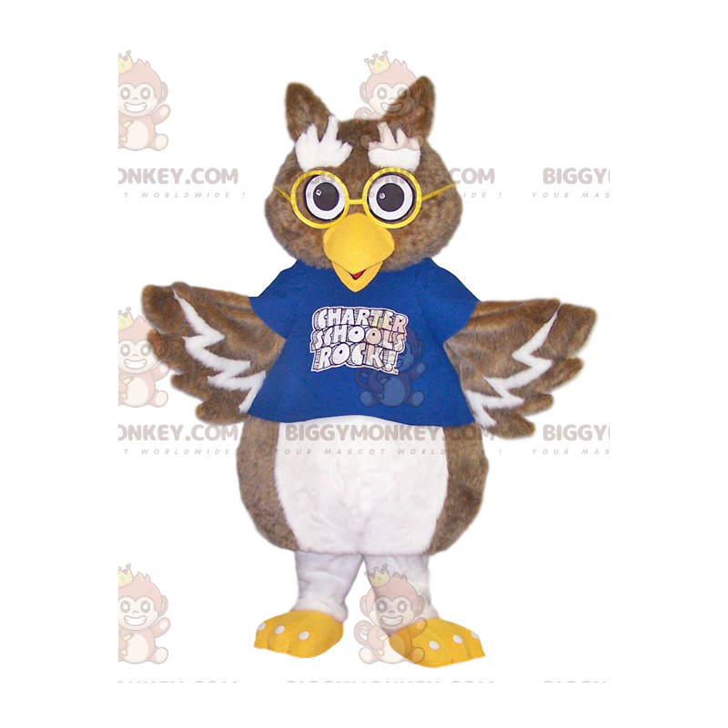 Pöllöjen BIGGYMONKEY™ maskottiasu, jossa on sininen paita ja