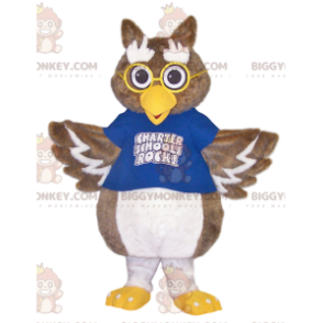 Pöllöjen BIGGYMONKEY™ maskottiasu, jossa on sininen paita ja