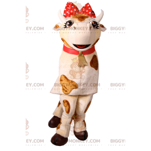 Στολή μασκότ αγελάδας BIGGYMONKEY™ με κόκκινο πουά φιόγκο.