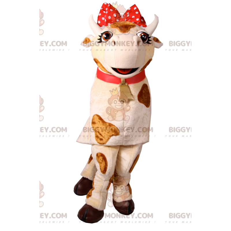 Kostium maskotki krowy BIGGYMONKEY™ z czerwoną kokardą w