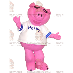 BIGGYMONKEY™ mascot costume of pink pig with a white jersey. –