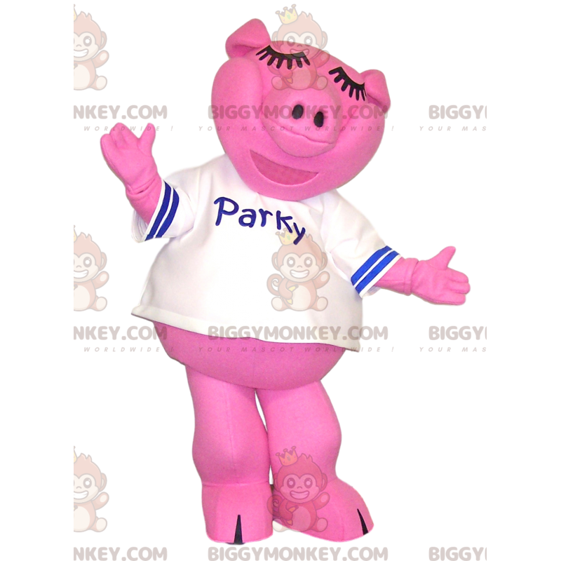 BIGGYMONKEY™ mascot costume of pink pig with a white jersey. –