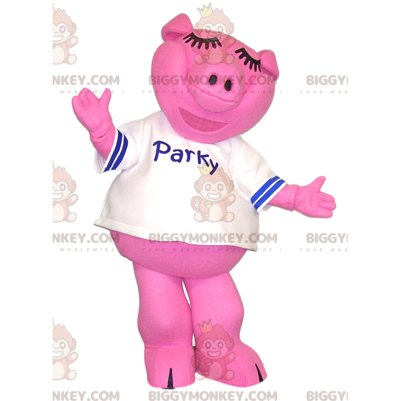 Fato de mascote BIGGYMONKEY™ de porco cor-de-rosa com camisola
