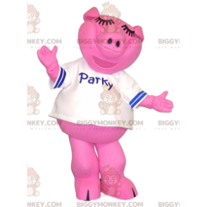 BIGGYMONKEY™ mascot costume of pink pig with a white jersey. –