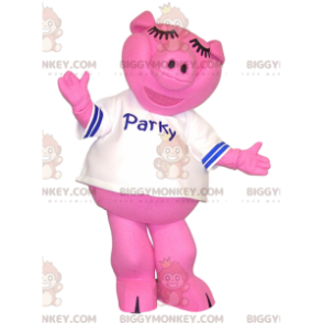 BIGGYMONKEY™ maskotdräkt av rosa gris med vit jersey. -