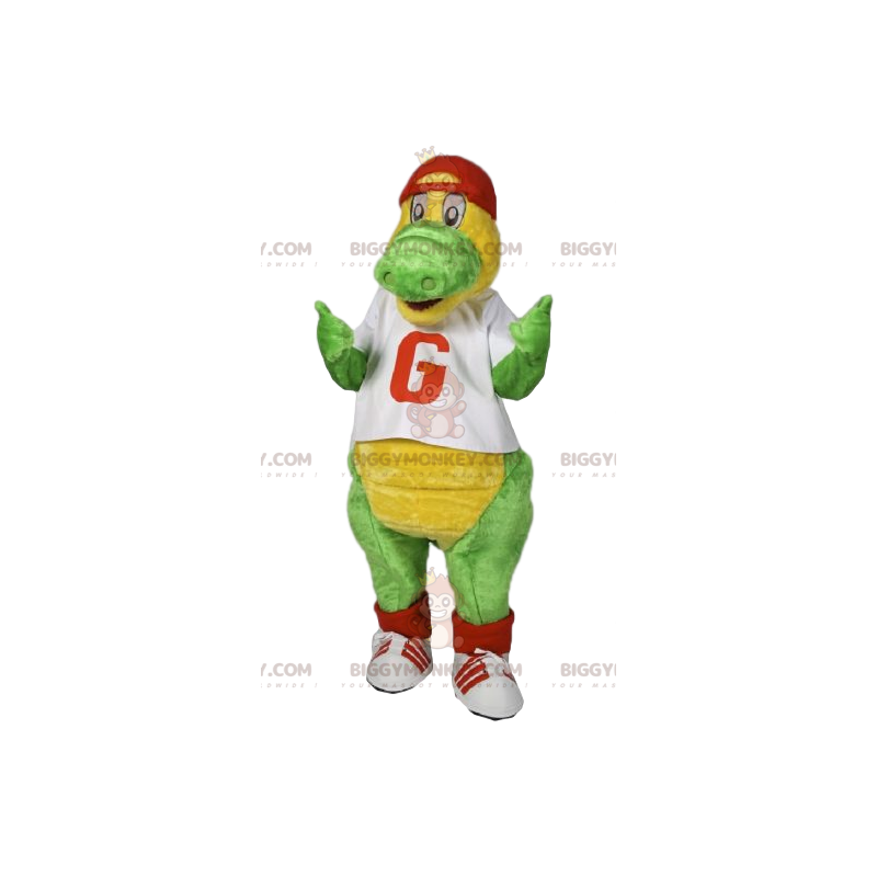 BIGGYMONKEY™ mascot costume of green dinosaur with red cap. –