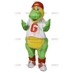 BIGGYMONKEY™ mascot costume of green dinosaur with red cap. –