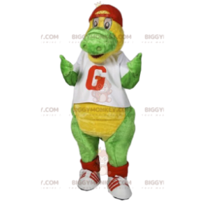 Fato de mascote BIGGYMONKEY™ de dinossauro verde com gorro