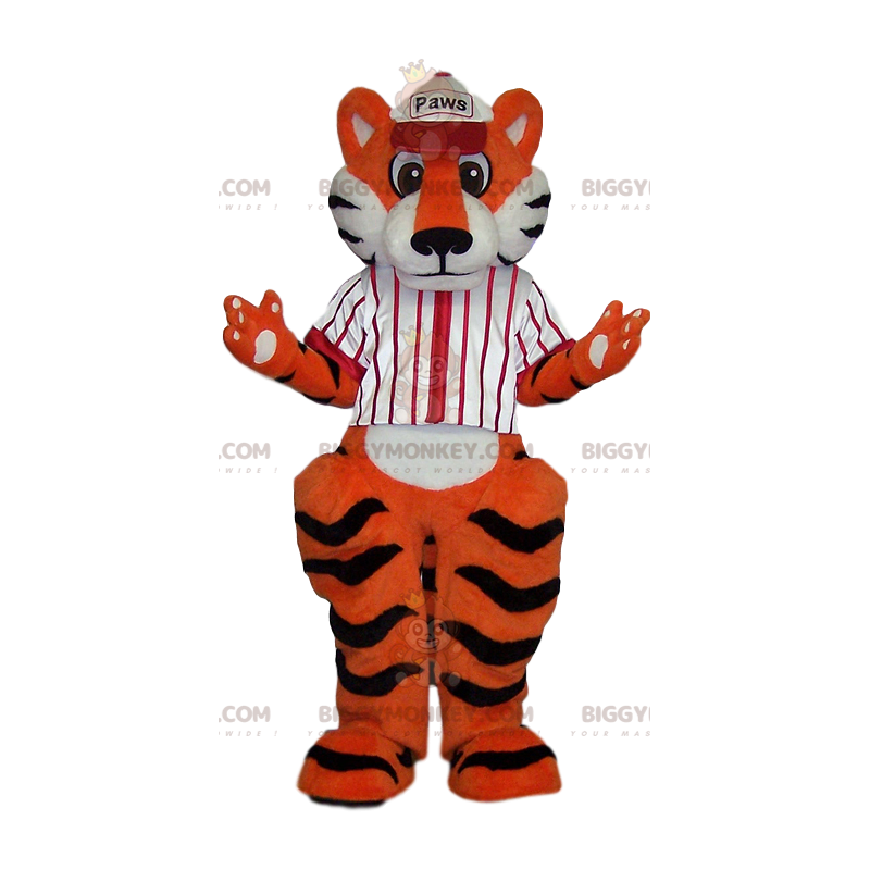 Costume de mascotte BIGGYMONKEY™ de tigre avec un maillot blanc