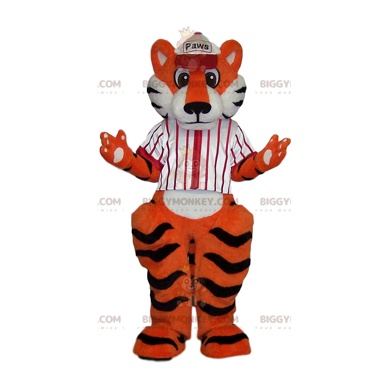 Tijger BIGGYMONKEY™ mascottekostuum met witte baseballjersey -