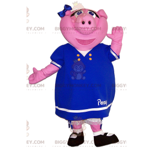 BIGGYMONKEY™ maskotdräkt av rosa sugga med söt blå klänning. -