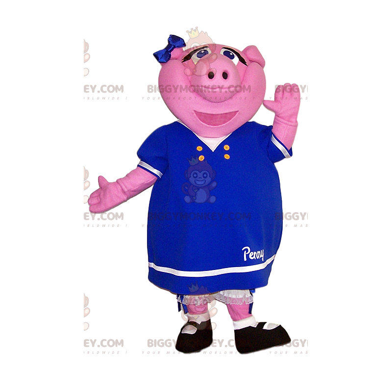 BIGGYMONKEY™ mascot costume of pink sow with cute blue dress. –