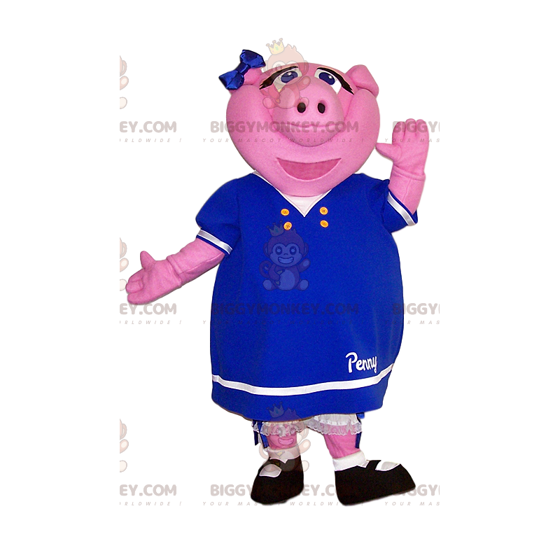 BIGGYMONKEY™ mascottekostuum van roze zeug met schattige blauwe