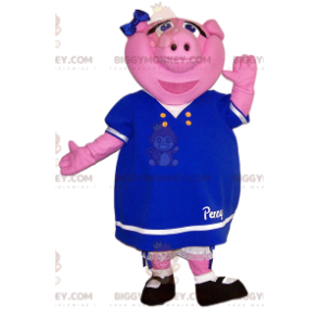 BIGGYMONKEY™ mascot costume of pink sow with cute blue dress. –