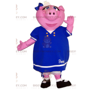 BIGGYMONKEY™ mascottekostuum van roze zeug met schattige blauwe