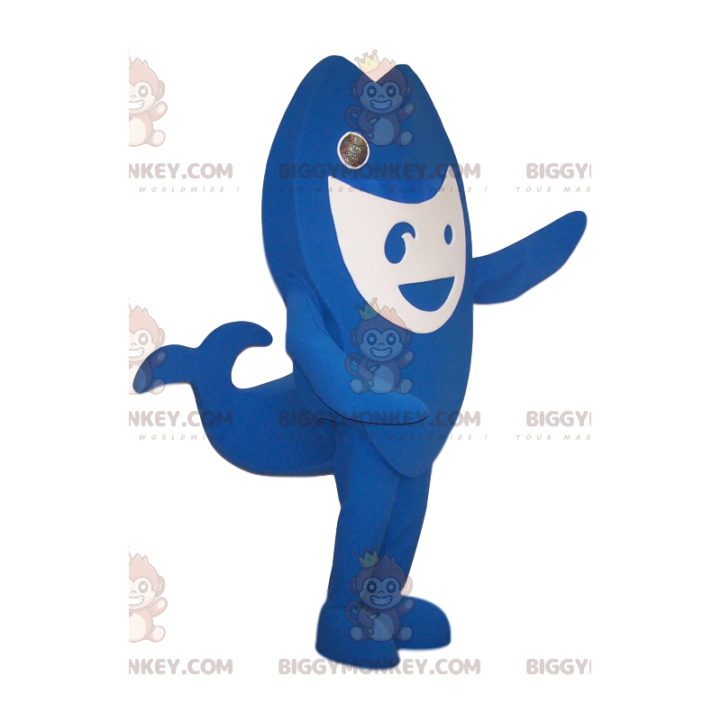 Traje de mascote BIGGYMONKEY™ de bezerro azul e branco.