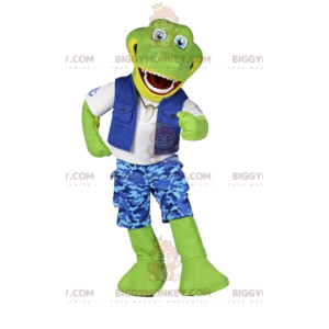 BIGGYMONKEY™ maskotkostume Grøn krokodille i blåt surfoutfit -