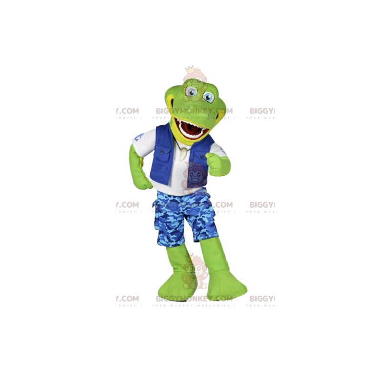 BIGGYMONKEY™ Mascot Costume Green Crocodile In Blue Surf Outfit