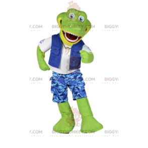 BIGGYMONKEY™ Mascot Costume Green Crocodile In Blue Surf Outfit